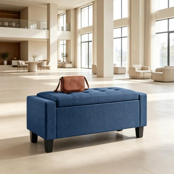 English Elm 36.6 Inch Button Tufted Linen Storage Bench with Rubberwood Legs for Entryway Bedroom Blue T3971P551572
