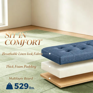 English Elm 36.6 Inch Button Tufted Linen Storage Bench with Rubberwood Legs for Entryway Bedroom Blue T3971P551572