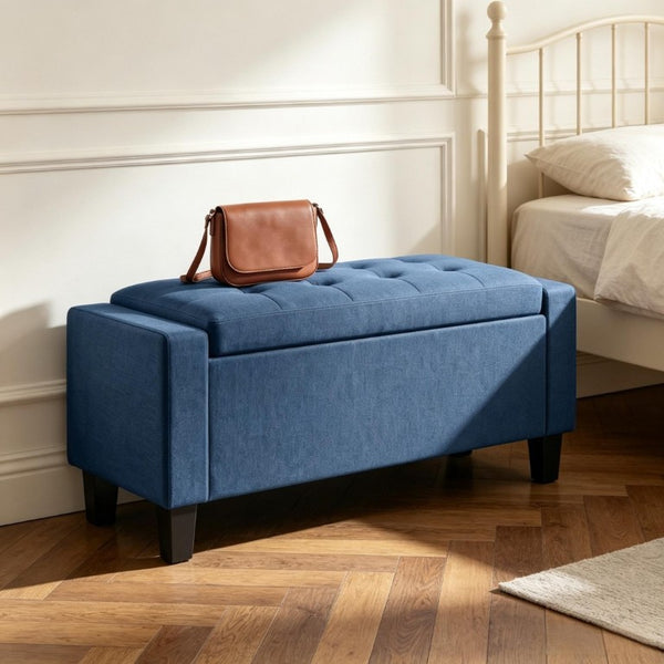 English Elm 36.6 Inch Button Tufted Linen Storage Bench with Rubberwood Legs for Entryway Bedroom Blue T3971P551572