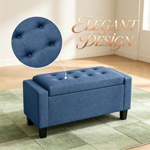 English Elm 36.6 Inch Button Tufted Linen Storage Bench with Rubberwood Legs for Entryway Bedroom Blue T3971P551572