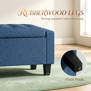 English Elm 36.6 Inch Button Tufted Linen Storage Bench with Rubberwood Legs for Entryway Bedroom Blue T3971P551572