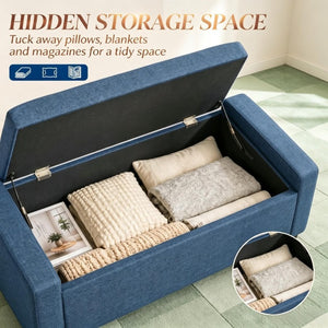 English Elm 36.6 Inch Button Tufted Linen Storage Bench with Rubberwood Legs for Entryway Bedroom Blue T3971P551572