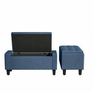English Elm 36.6 Inch Button Tufted Linen Storage Bench with Rubberwood Legs for Entryway Bedroom Blue T3971P551572