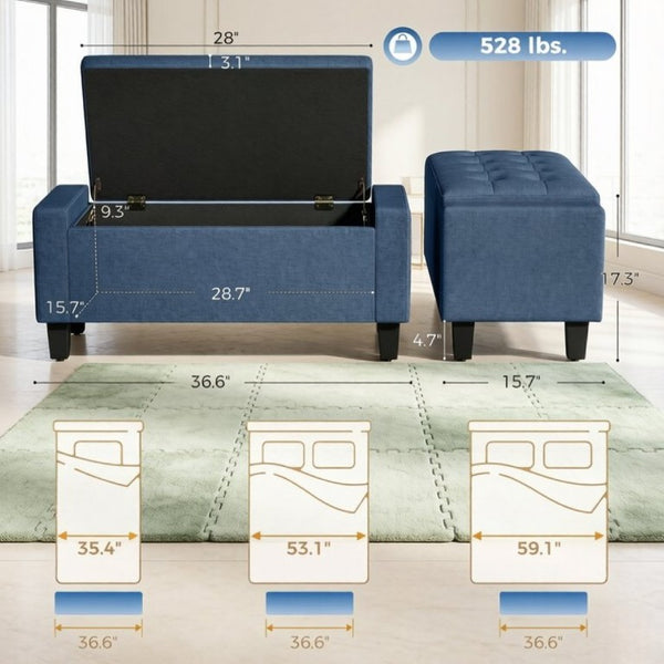 English Elm 36.6 Inch Button Tufted Linen Storage Bench with Rubberwood Legs for Entryway Bedroom Blue T3971P551572
