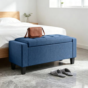 English Elm 36.6 Inch Button Tufted Linen Storage Bench with Rubberwood Legs for Entryway Bedroom Blue T3971P551572