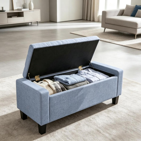 English Elm 36.6 Inch Button Tufted Linen Storage Bench with Rubberwood Legs for Entryway Bedroom Dark Gray T3971P551574