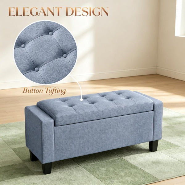 English Elm 36.6 Inch Button Tufted Linen Storage Bench with Rubberwood Legs for Entryway Bedroom Dark Gray T3971P551574