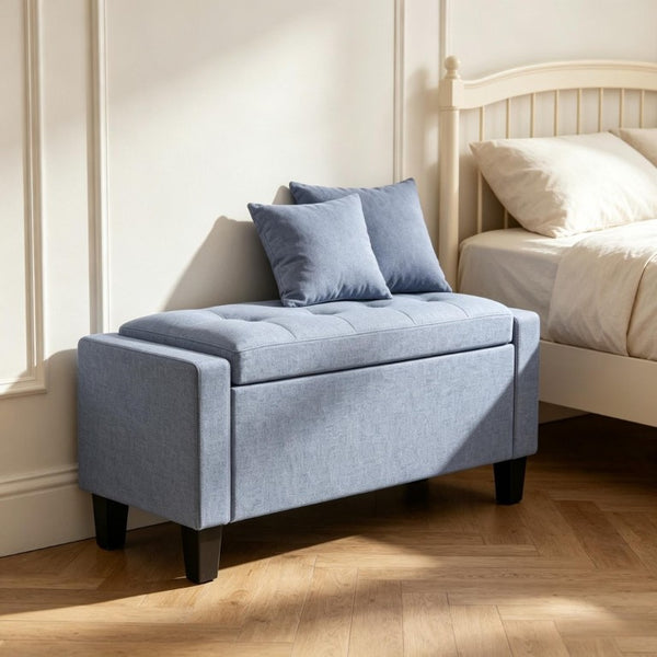 English Elm 36.6 Inch Button Tufted Linen Storage Bench with Rubberwood Legs for Entryway Bedroom Dark Gray T3971P551574