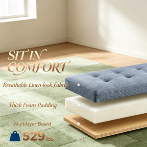 English Elm 36.6 Inch Button Tufted Linen Storage Bench with Rubberwood Legs for Entryway Bedroom Dark Gray T3971P551574