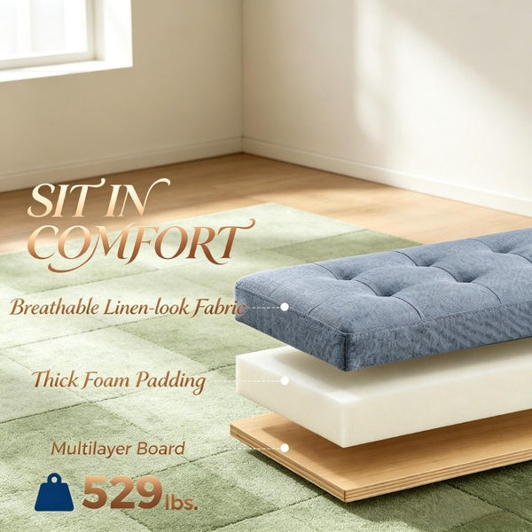 English Elm 36.6 Inch Button Tufted Linen Storage Bench with Rubberwood Legs for Entryway Bedroom Dark Gray T3971P551574
