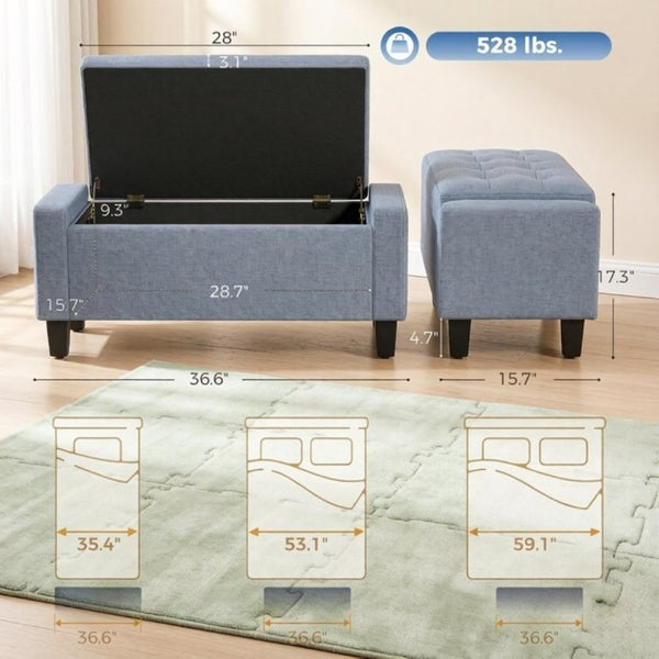 English Elm 36.6 Inch Button Tufted Linen Storage Bench with Rubberwood Legs for Entryway Bedroom Dark Gray T3971P551574