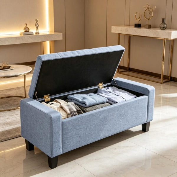English Elm 36.6 Inch Button Tufted Linen Storage Bench with Rubberwood Legs for Entryway Bedroom Dark Gray T3971P551574