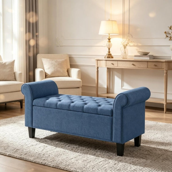 English Elm 47 Inch Tufted Linen Storage Bench with Rolled Arms Safety Hinge and Rubberwood Legs Blue T3971P551577