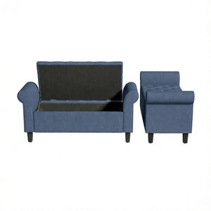 English Elm 47 Inch Tufted Linen Storage Bench with Rolled Arms Safety Hinge and Rubberwood Legs Blue T3971P551577