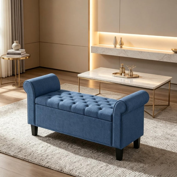 English Elm 47 Inch Tufted Linen Storage Bench with Rolled Arms Safety Hinge and Rubberwood Legs Blue T3971P551577