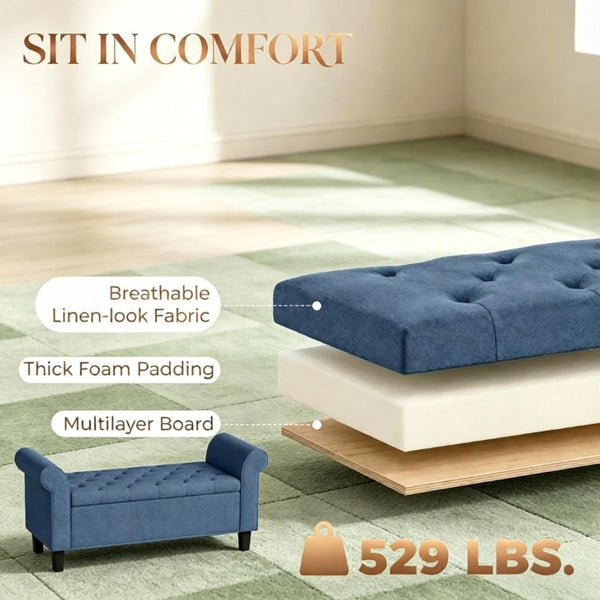 English Elm 47 Inch Tufted Linen Storage Bench with Rolled Arms Safety Hinge and Rubberwood Legs Blue T3971P551577