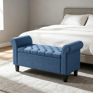 English Elm 47 Inch Tufted Linen Storage Bench with Rolled Arms Safety Hinge and Rubberwood Legs Blue T3971P551577