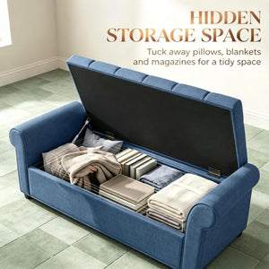 English Elm 47 Inch Tufted Linen Storage Bench with Rolled Arms Safety Hinge and Rubberwood Legs Blue T3971P551577