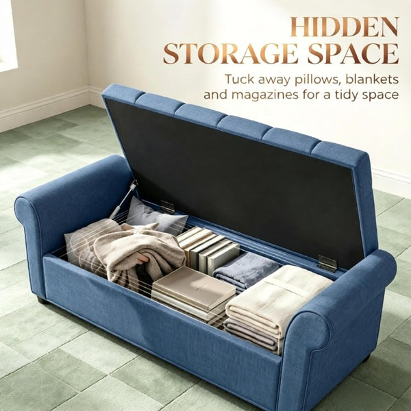 English Elm 47 Inch Tufted Linen Storage Bench with Rolled Arms Safety Hinge and Rubberwood Legs Blue T3971P551577