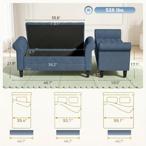 English Elm 47 Inch Tufted Linen Storage Bench with Rolled Arms Safety Hinge and Rubberwood Legs Blue T3971P551577