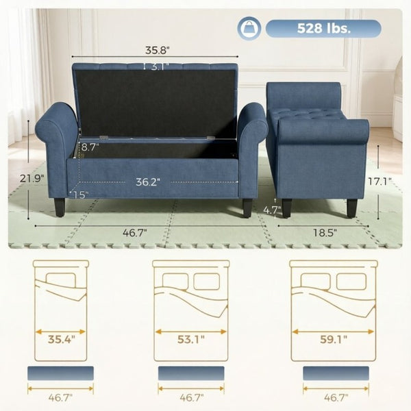 English Elm 47 Inch Tufted Linen Storage Bench with Rolled Arms Safety Hinge and Rubberwood Legs Blue T3971P551577