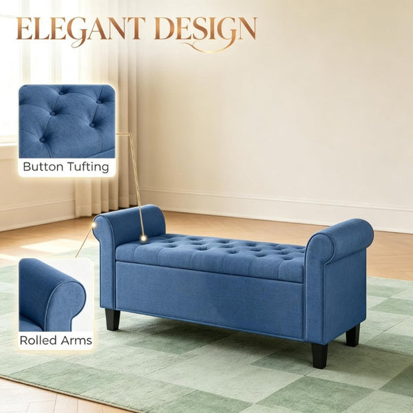 English Elm 47 Inch Tufted Linen Storage Bench with Rolled Arms Safety Hinge and Rubberwood Legs Blue T3971P551577