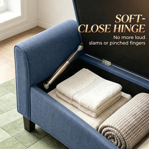 English Elm 47 Inch Tufted Linen Storage Bench with Rolled Arms Safety Hinge and Rubberwood Legs Blue T3971P551577