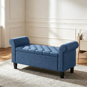 English Elm 47 Inch Tufted Linen Storage Bench with Rolled Arms Safety Hinge and Rubberwood Legs Blue T3971P551577