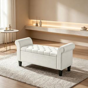 English Elm 47 Inch Tufted Linen Storage Bench with Rolled Arms Safety Hinge and Rubberwood Legs Cream White T3971P551682