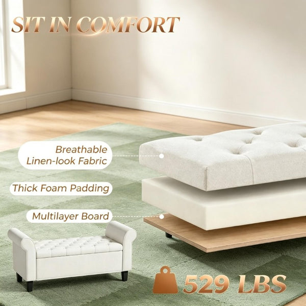 English Elm 47 Inch Tufted Linen Storage Bench with Rolled Arms Safety Hinge and Rubberwood Legs Cream White T3971P551682