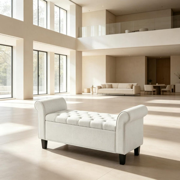 English Elm 47 Inch Tufted Linen Storage Bench with Rolled Arms Safety Hinge and Rubberwood Legs Cream White T3971P551682