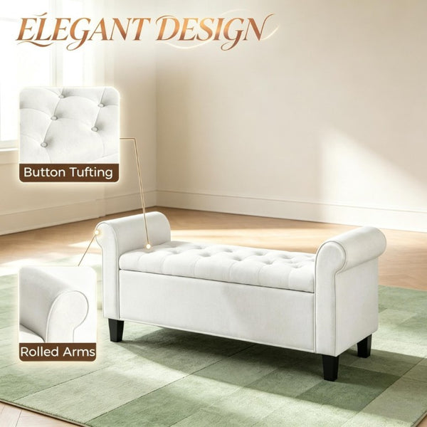 English Elm 47 Inch Tufted Linen Storage Bench with Rolled Arms Safety Hinge and Rubberwood Legs Cream White T3971P551682