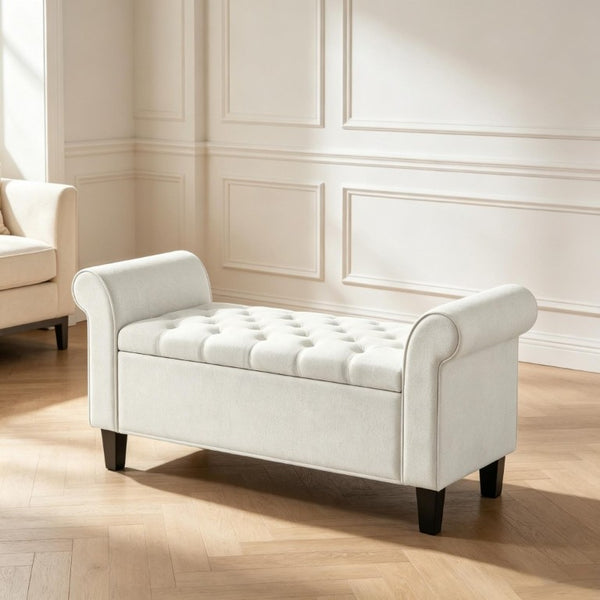 English Elm 47 Inch Tufted Linen Storage Bench with Rolled Arms Safety Hinge and Rubberwood Legs Cream White T3971P551682