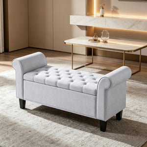 English Elm 47 Inch Tufted Linen Storage Bench with Rolled Arms Safety Hinge and Rubberwood Legs Light Gray T3971P551686
