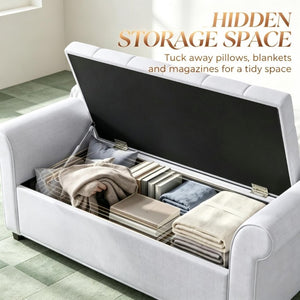 English Elm 47 Inch Tufted Linen Storage Bench with Rolled Arms Safety Hinge and Rubberwood Legs Light Gray T3971P551686