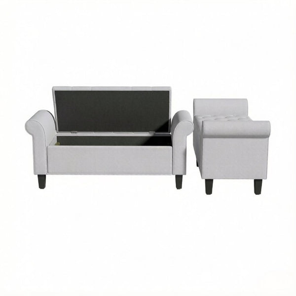 English Elm 47 Inch Tufted Linen Storage Bench with Rolled Arms Safety Hinge and Rubberwood Legs Light Gray T3971P551686