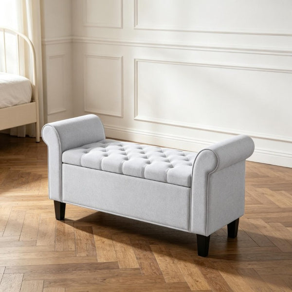 English Elm 47 Inch Tufted Linen Storage Bench with Rolled Arms Safety Hinge and Rubberwood Legs Light Gray T3971P551686