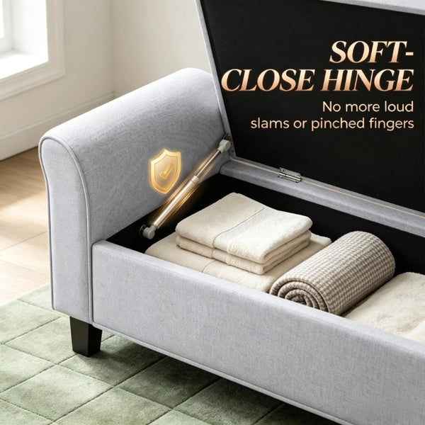 English Elm 47 Inch Tufted Linen Storage Bench with Rolled Arms Safety Hinge and Rubberwood Legs Light Gray T3971P551686