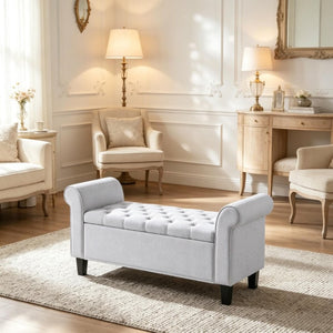 English Elm 47 Inch Tufted Linen Storage Bench with Rolled Arms Safety Hinge and Rubberwood Legs Light Gray T3971P551686
