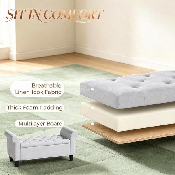 English Elm 47 Inch Tufted Linen Storage Bench with Rolled Arms Safety Hinge and Rubberwood Legs Light Gray T3971P551686