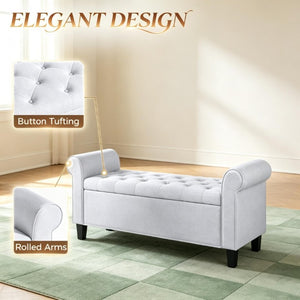 English Elm 47 Inch Tufted Linen Storage Bench with Rolled Arms Safety Hinge and Rubberwood Legs Light Gray T3971P551686