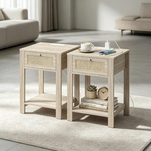 English Elm 2Pcs Farmhouse Nightstands with Charging Station Rattan Drawer and Open Shelf T3971P551690