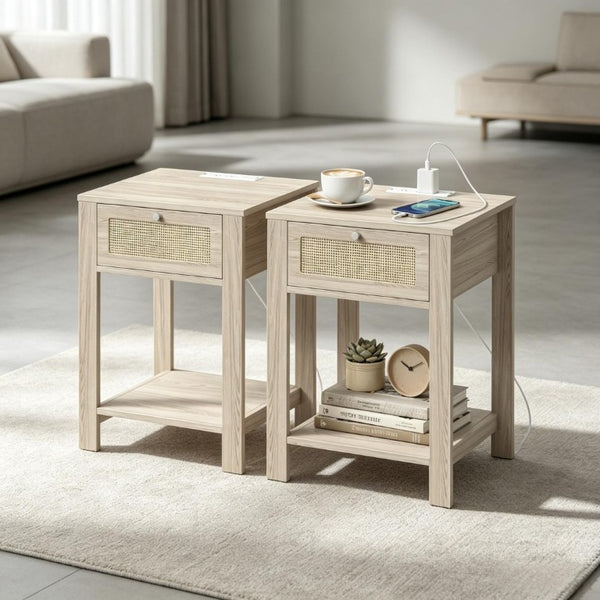 English Elm 2Pcs Farmhouse Nightstands with Charging Station Rattan Drawer and Open Shelf T3971P551690