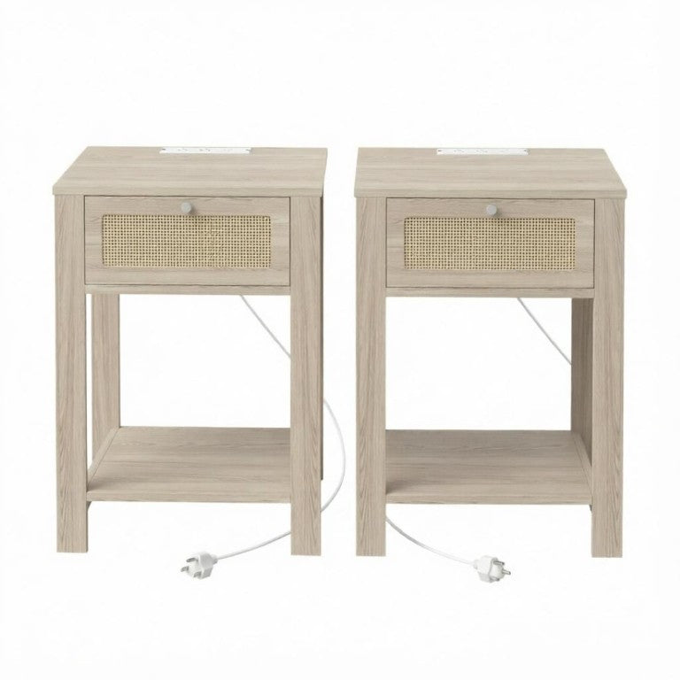 English Elm 2Pcs Farmhouse Nightstands with Charging Station Rattan Drawer and Open Shelf T3971P551690