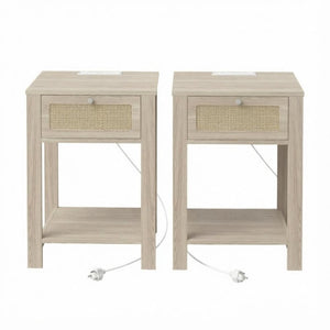 English Elm 2Pcs Farmhouse Nightstands with Charging Station Rattan Drawer and Open Shelf T3971P551690