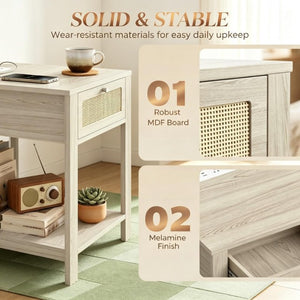 English Elm 2Pcs Farmhouse Nightstands with Charging Station Rattan Drawer and Open Shelf T3971P551690