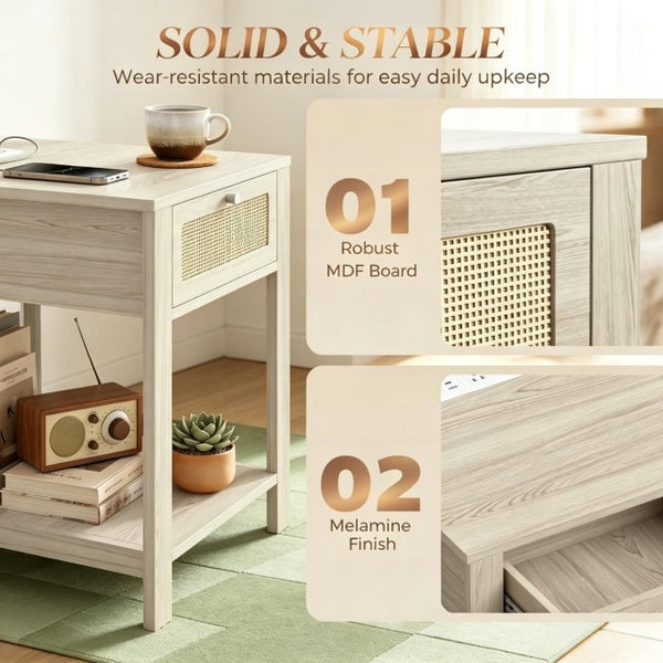 English Elm 2Pcs Farmhouse Nightstands with Charging Station Rattan Drawer and Open Shelf T3971P551690