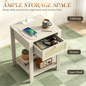 English Elm 2Pcs Farmhouse Nightstands with Charging Station Rattan Drawer and Open Shelf T3971P551690
