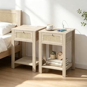 English Elm 2Pcs Farmhouse Nightstands with Charging Station Rattan Drawer and Open Shelf T3971P551690