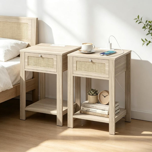 English Elm 2Pcs Farmhouse Nightstands with Charging Station Rattan Drawer and Open Shelf T3971P551690